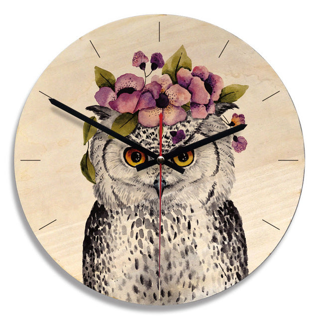 Wooden Wall Clock Cartoon Owl Painting