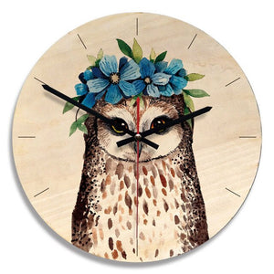 Wooden Wall Clock Cartoon Owl Painting